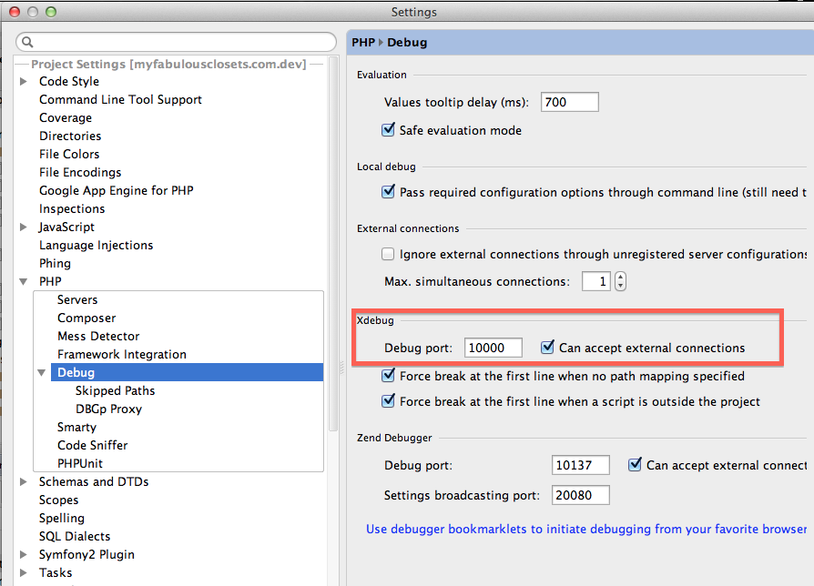 Screenshot showing the Xdebug parameters to setup : Debug port = 10000 