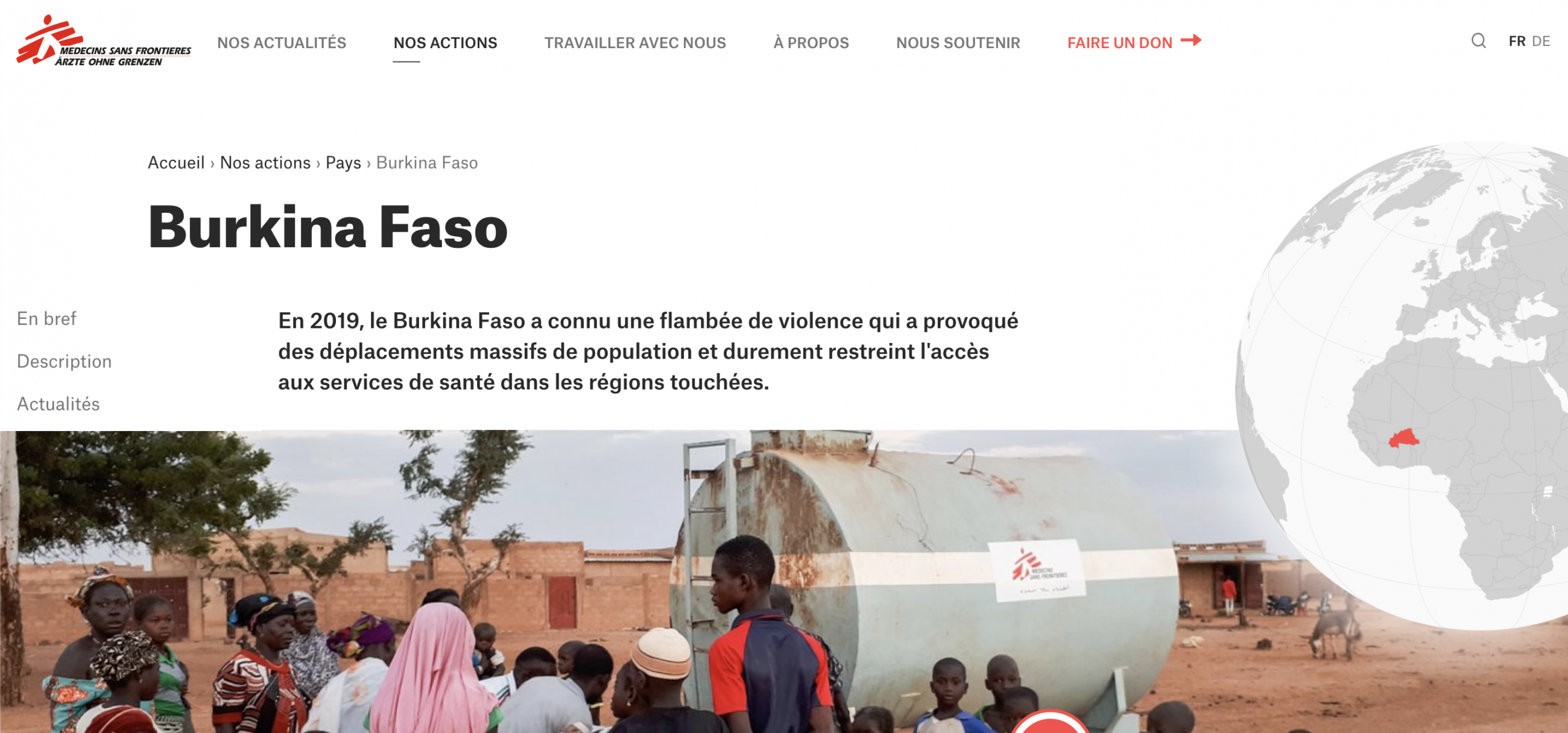 Fil d'Ariane sur le site de l'ONG Médecins Sans Frontières