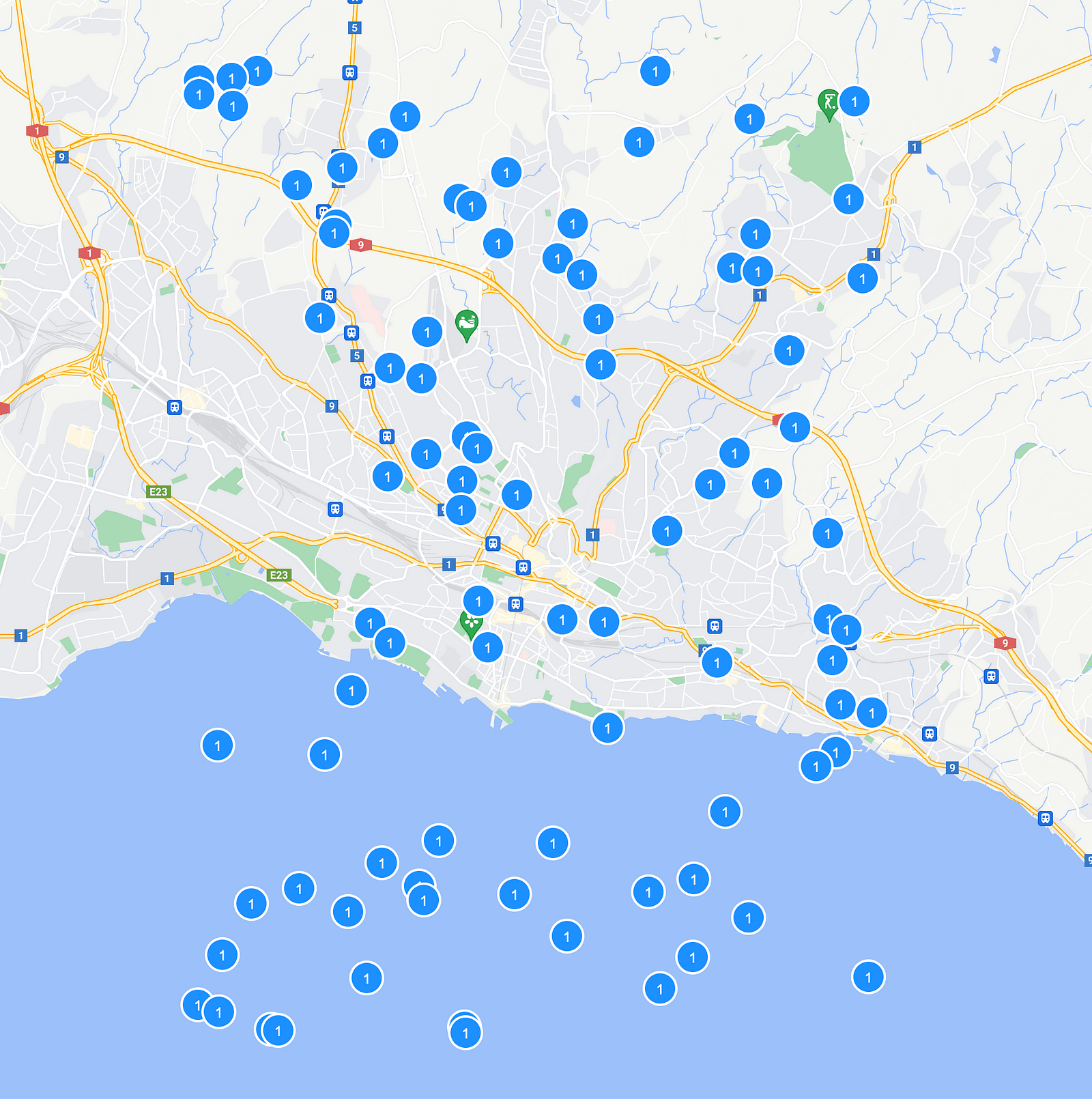 A map full of clusters containg a single marker