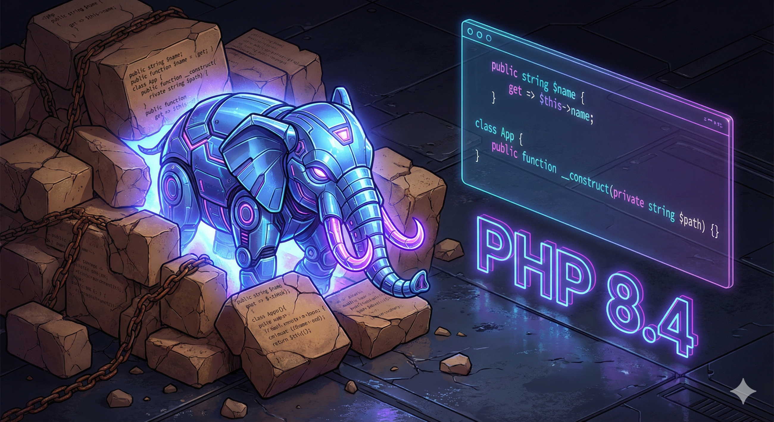 A futuristic, cybernetic blue PHP elephant mascot, glowing with neon purple and blue energy, emerging triumphantly from a pile of dusty, broken, outdated stone code blocks and tangled rusty chains. The elephant has sleek metallic armor and integrated glowing "hooks" on its trunk. In the background, a holographic interface displays clean, glowing PHP 8.4 syntax. The overall style is isometric digital art, highly detailed, tech-noir atmosphere, cinematic lighting. The text "PHP 8.4" is prominent and glowing in the center.