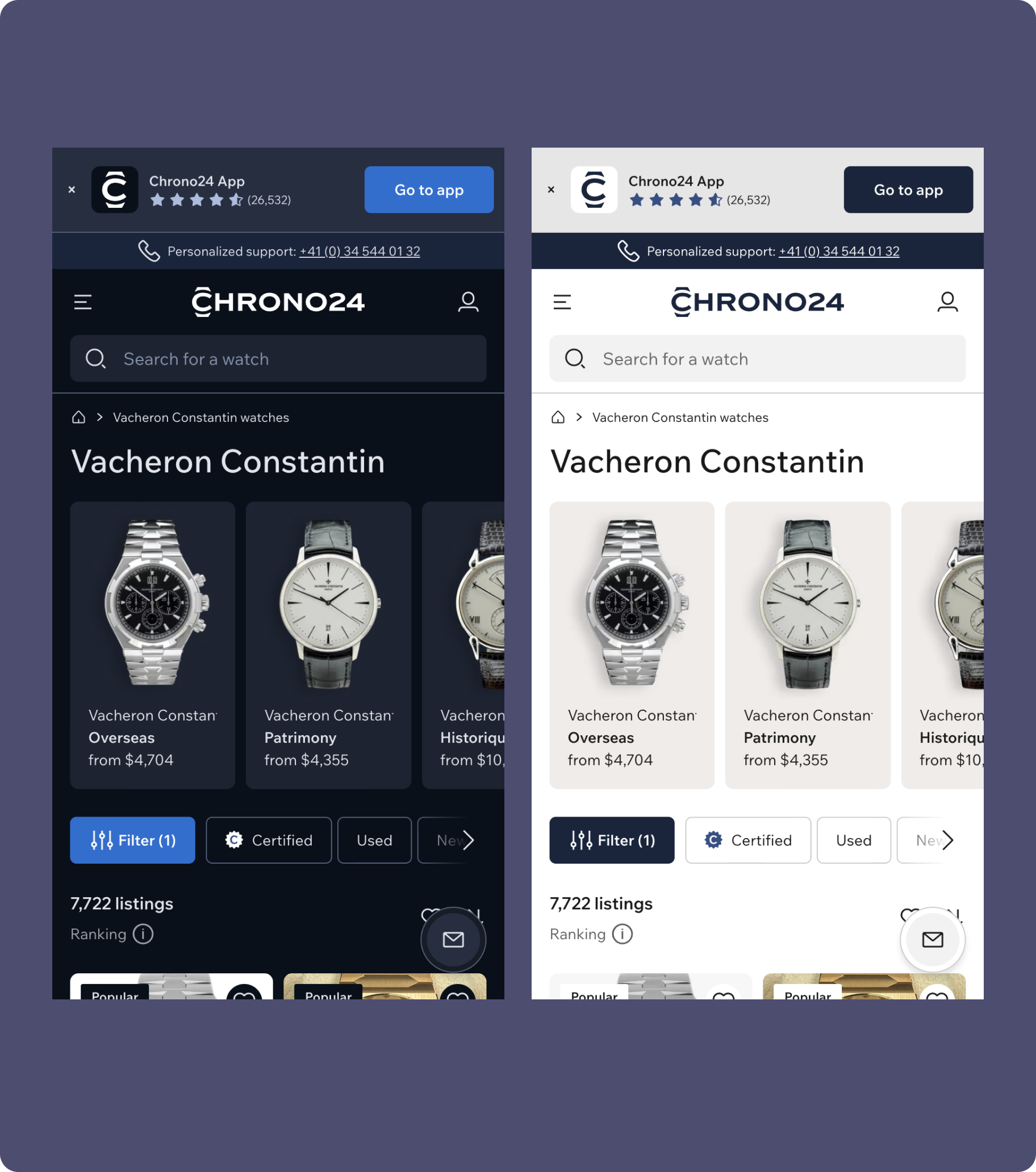 Comparaison de l’interface mobile Chrono24 en mode sombre et en mode clair, affichant une page de résultats pour les montres Vacheron Constantin avec barre de recherche, filtres et cartes produits présentant les modèles et leurs prix.