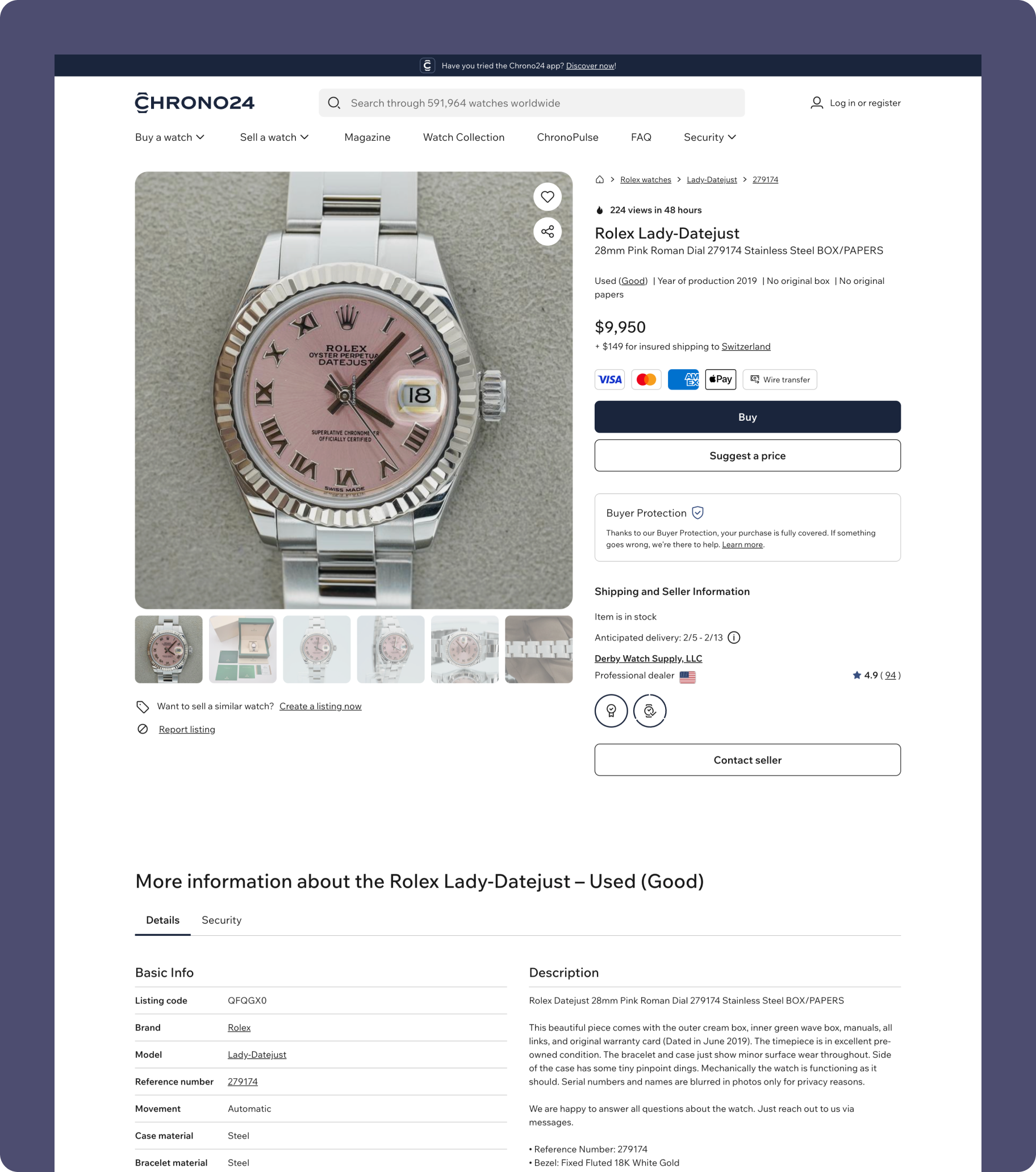 Capture d’écran d’une page produit Chrono24 présentant une Rolex Lady-Datejust avec grande image du produit, prix, bouton d’achat, options de paiement, protection acheteur et section d’informations détaillées sur la montre et le vendeur.