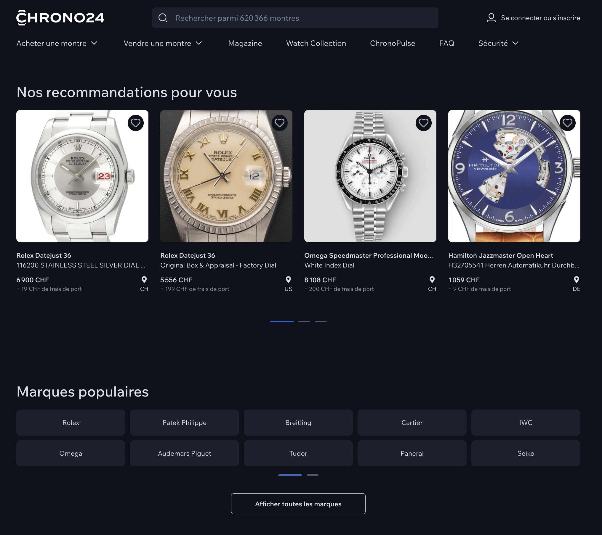 Capture d’écran de la page d’accueil de Chrono24 montrant un carrousel de recommandations de montres de luxe (Rolex, Omega, Hamilton) avec leurs prix en CHF, une barre de recherche en haut et une section “Marques populaires” affichant des marques comme Rolex, Patek Philippe, Breitling et Cartier.
