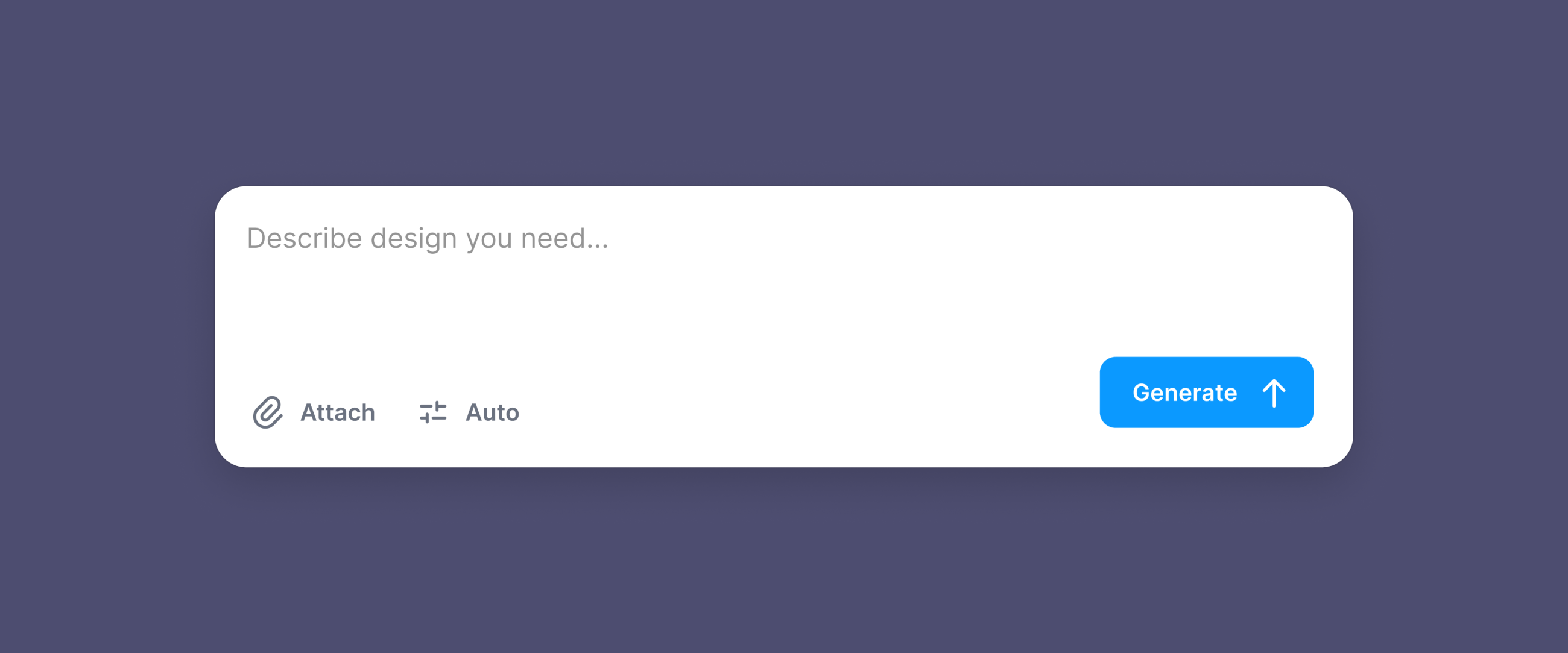 Capture d'écran de l'interface de Banani AI, montrant une zone de saisie de texte minimaliste avec l'invite "Describe design you need..." (Décrivez le design dont vous avez besoin), un bouton pour joindre des fichiers, et un bouton bleu "Generate" (Générer). Cela illustre le concept de "vibe designing" par le biais de requêtes textuelles.