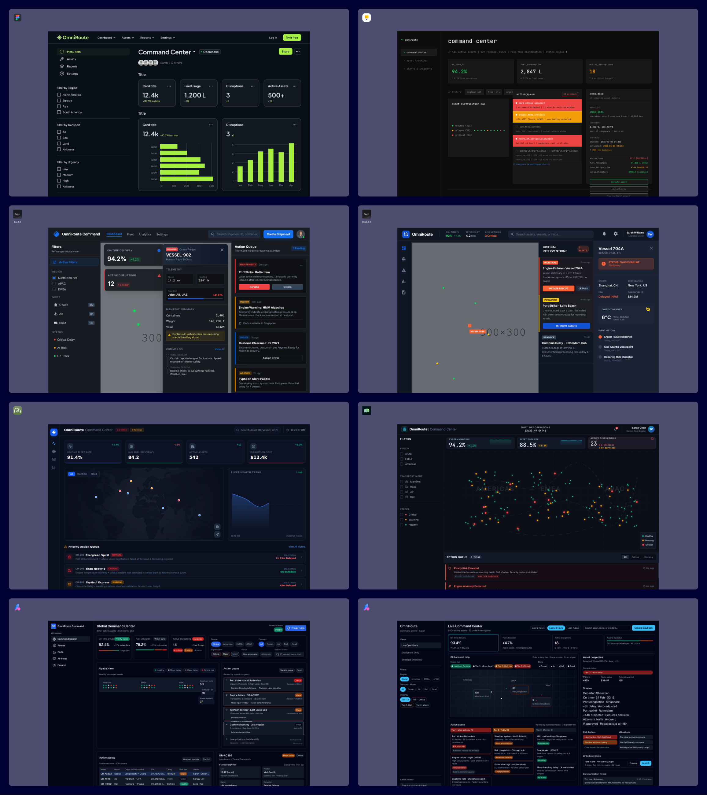 Une grille comparant huit propositions d'interfaces de bureau générées par l'IA pour un tableau de bord logistique complexe, le "Command Center". Les maquettes affichent des environnements sombres chargés de données, intégrant des cartes de suivi d'actifs, des listes d'alertes et des graphiques, afin de tester la capacité des outils d'IA à structurer une hiérarchie d'information dense.
