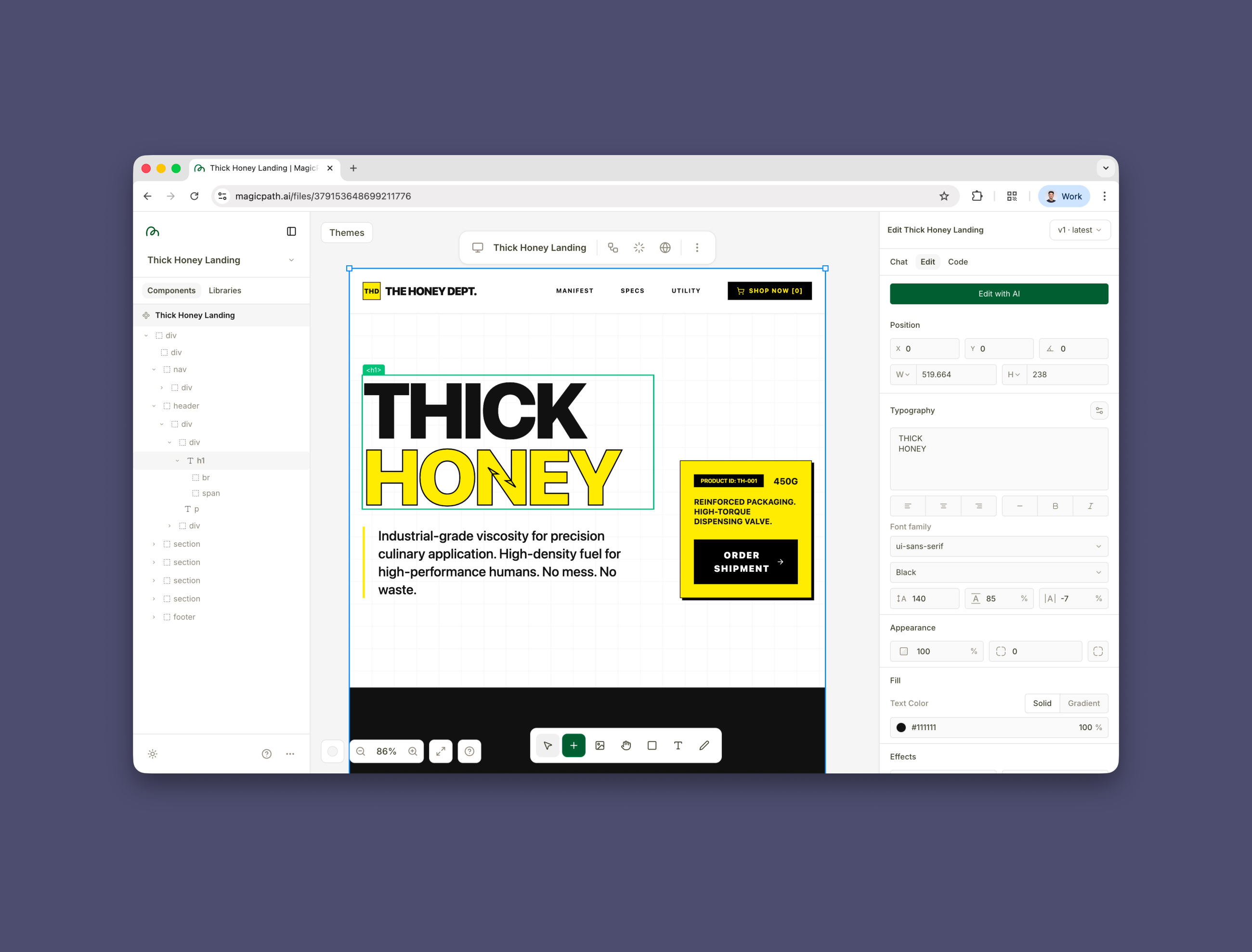 Capture d'écran de l'interface de l'outil de design MagicPath affichant la maquette "Thick Honey". L'espace de travail combine des éléments de design visuel et de développement, avec un arbre DOM à gauche et un panneau de propriétés incluant des options de code et d'édition par IA à droite, illustrant sa capacité à créer des prototypes interactifs.