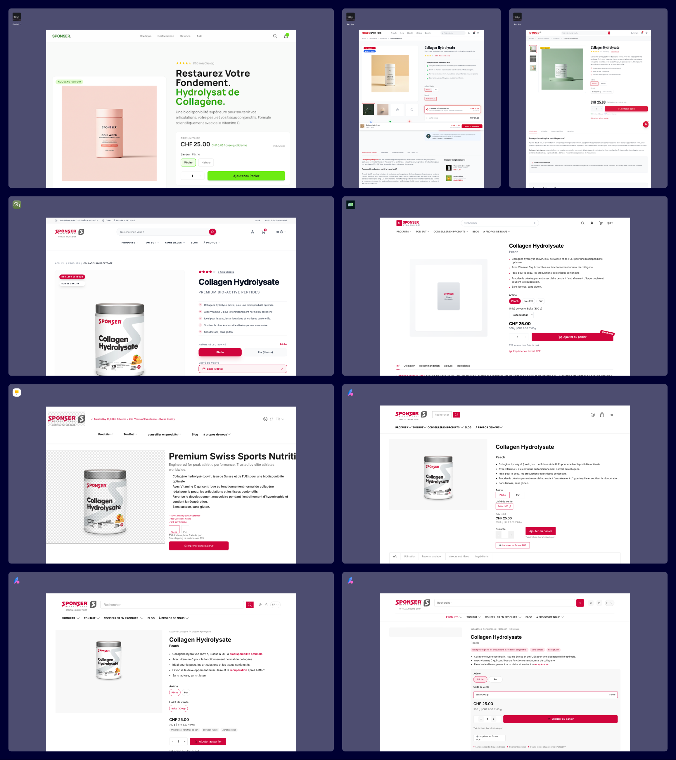 Une grille comparant huit propositions de refonte générées par l'IA pour la page produit e-commerce "Collagen Hydrolysate" de la marque Sponser. Les différentes maquettes illustrent les tentatives des outils d'IA pour réorganiser l'information, améliorer le taux de conversion et moderniser l'interface, tout en essayant de respecter l'identité visuelle existante de la marque.