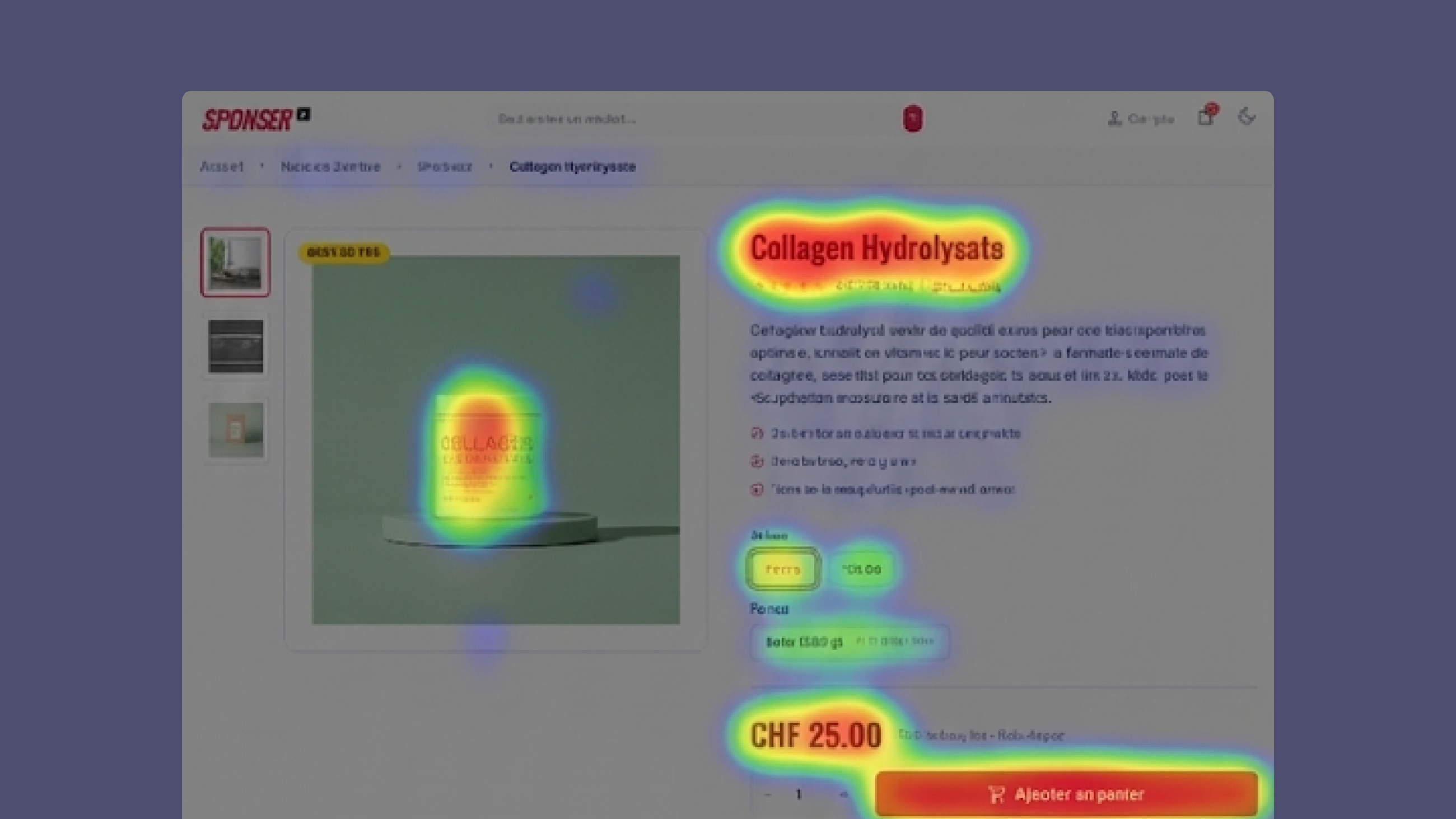 Capture d'écran montrant une carte de chaleur (heatmap) prédictive générée par l'outil Stitch sur une maquette de page produit e-commerce. Des zones colorées en rouge, jaune et vert mettent en évidence les points d'attention visuelle probables des utilisateurs, confirmant la visibilité de l'image du produit, du titre, du prix et du bouton d'ajout au panier.